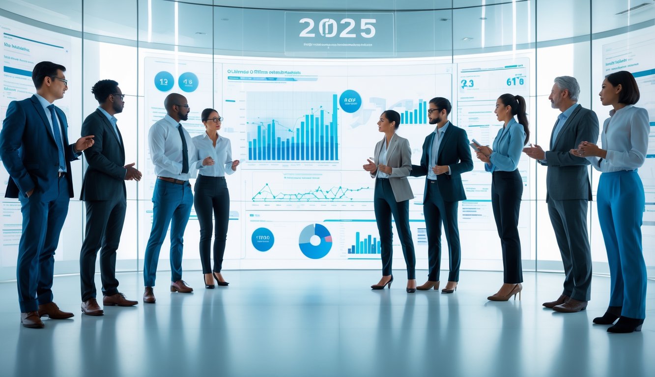 Sekelompok profesional sedang berdiskusi di kantor modern dengan layar digital besar yang menampilkan grafik dan data prediksi.