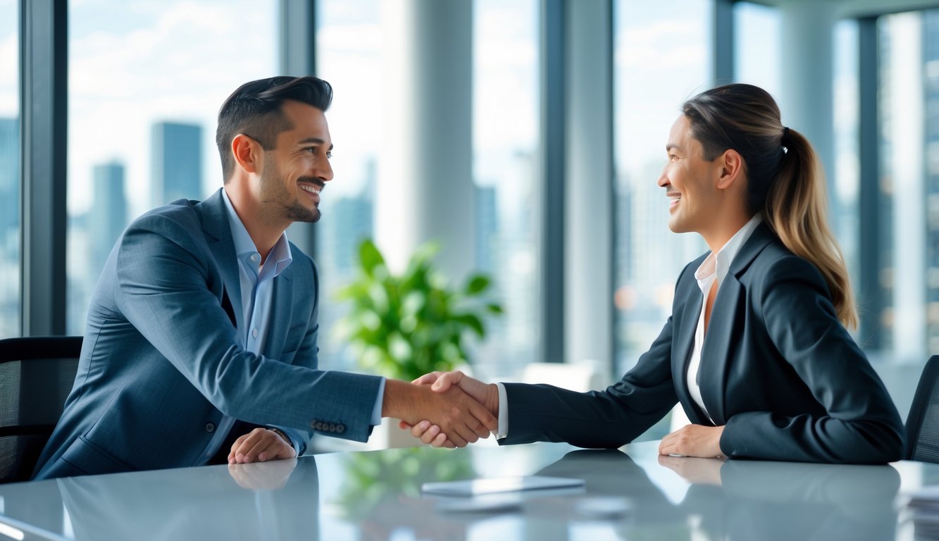 Seorang pebisnis berjabat tangan dengan klien di kantor modern yang terang dan rapi.