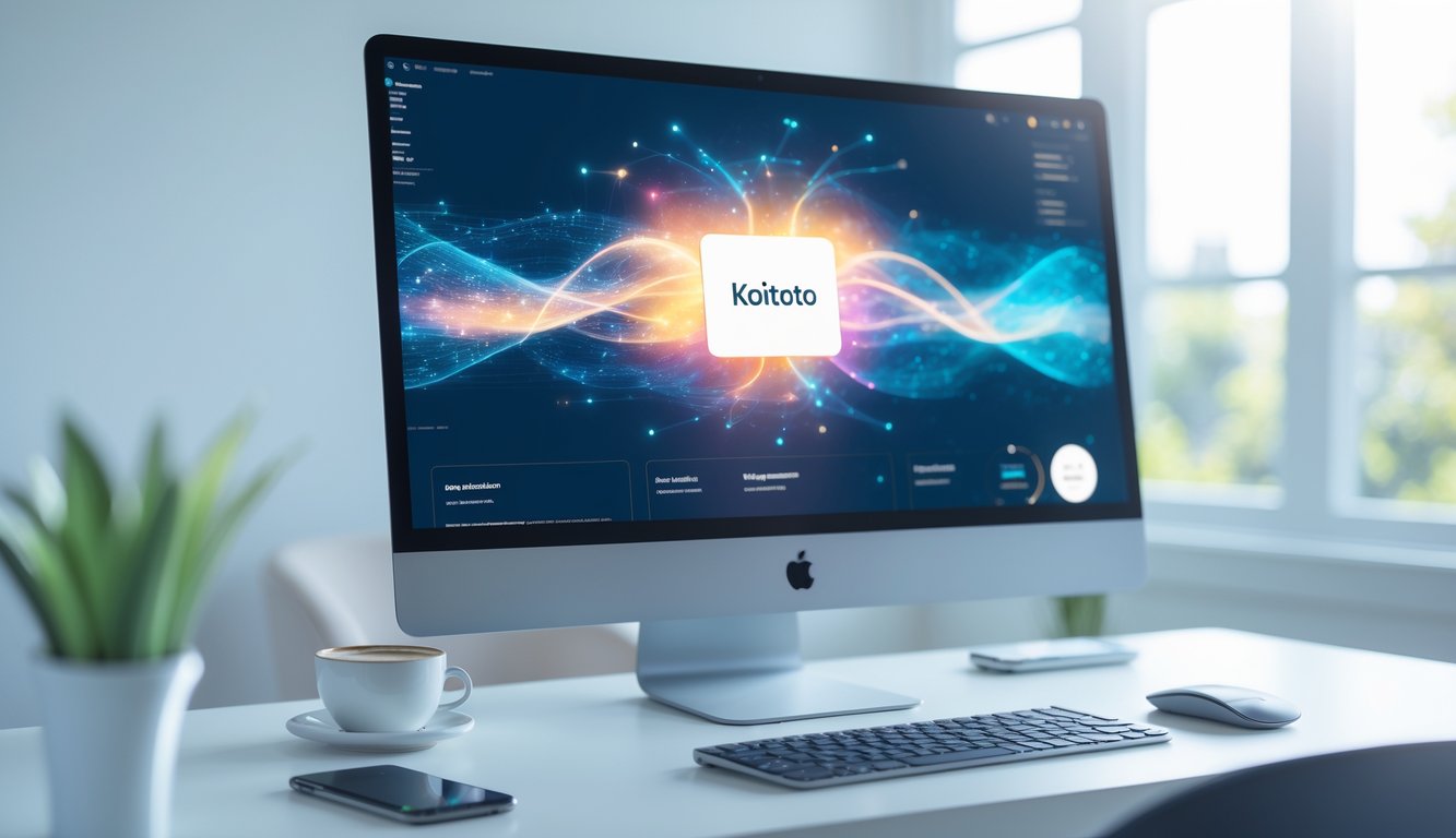 Meja kerja modern dengan komputer dan perangkat teknologi di ruangan terang.