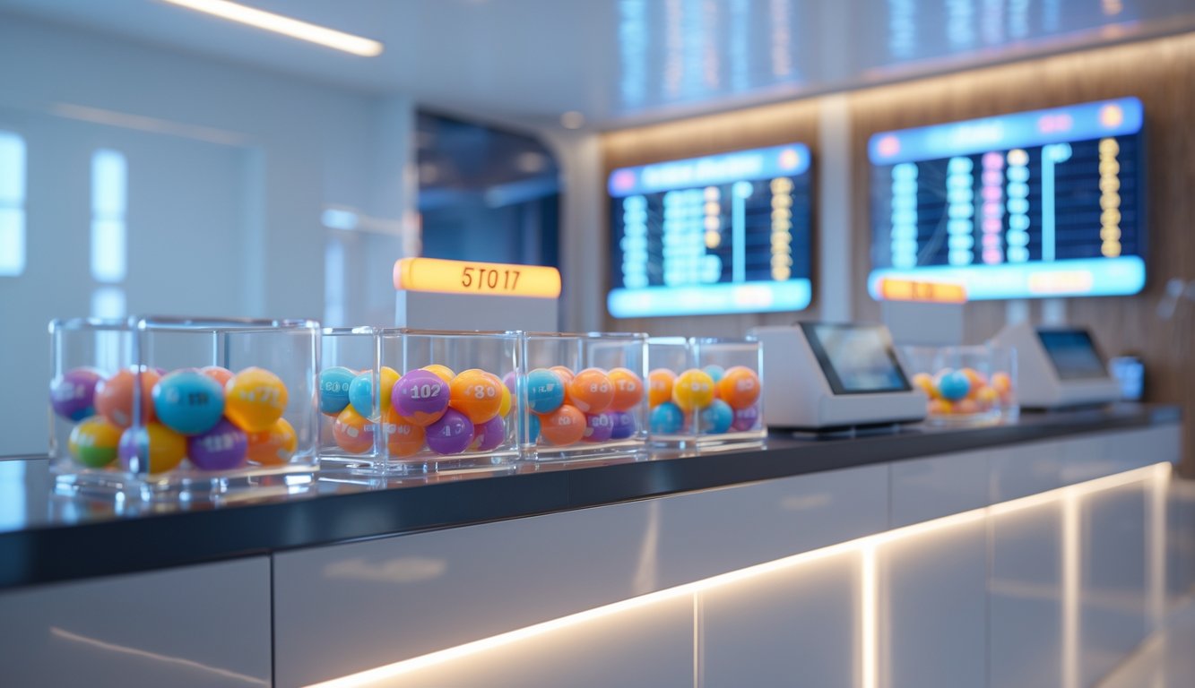 Suasana modern di konter togel dengan bola togel berwarna-warni dan layar digital menampilkan pola angka di latar belakang.