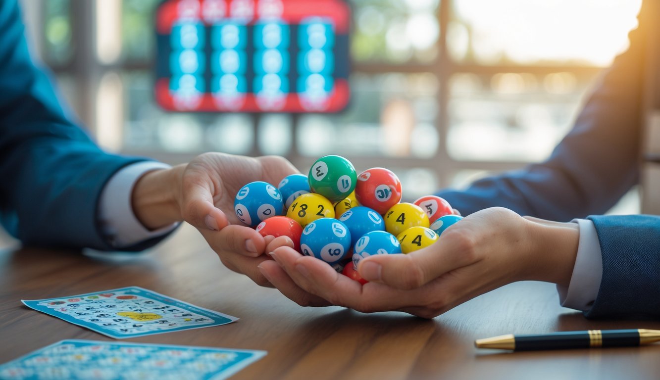 Tangan memegang bola nomor lotere di atas meja dengan papan angka digital di latar belakang.