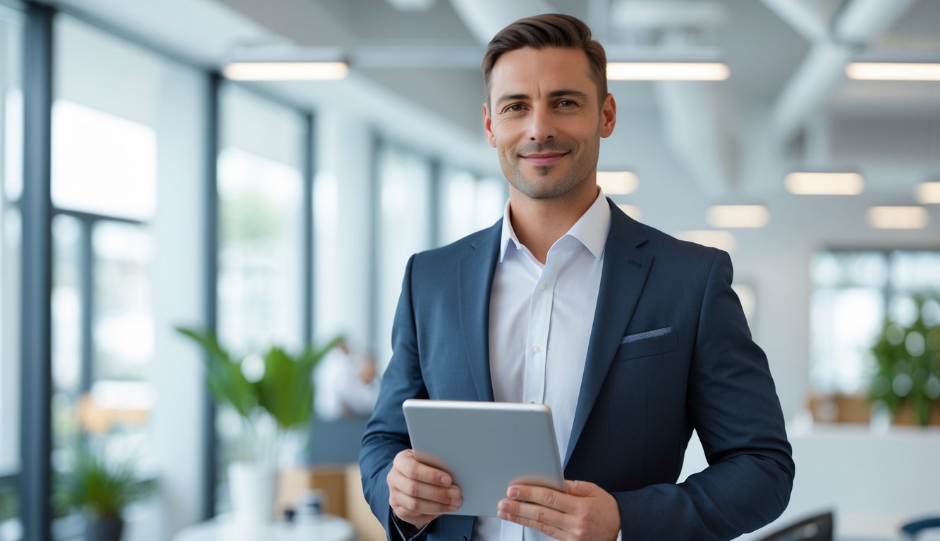 Seorang agen bisnis berdiri di kantor modern dengan pakaian formal dan memegang tablet digital.