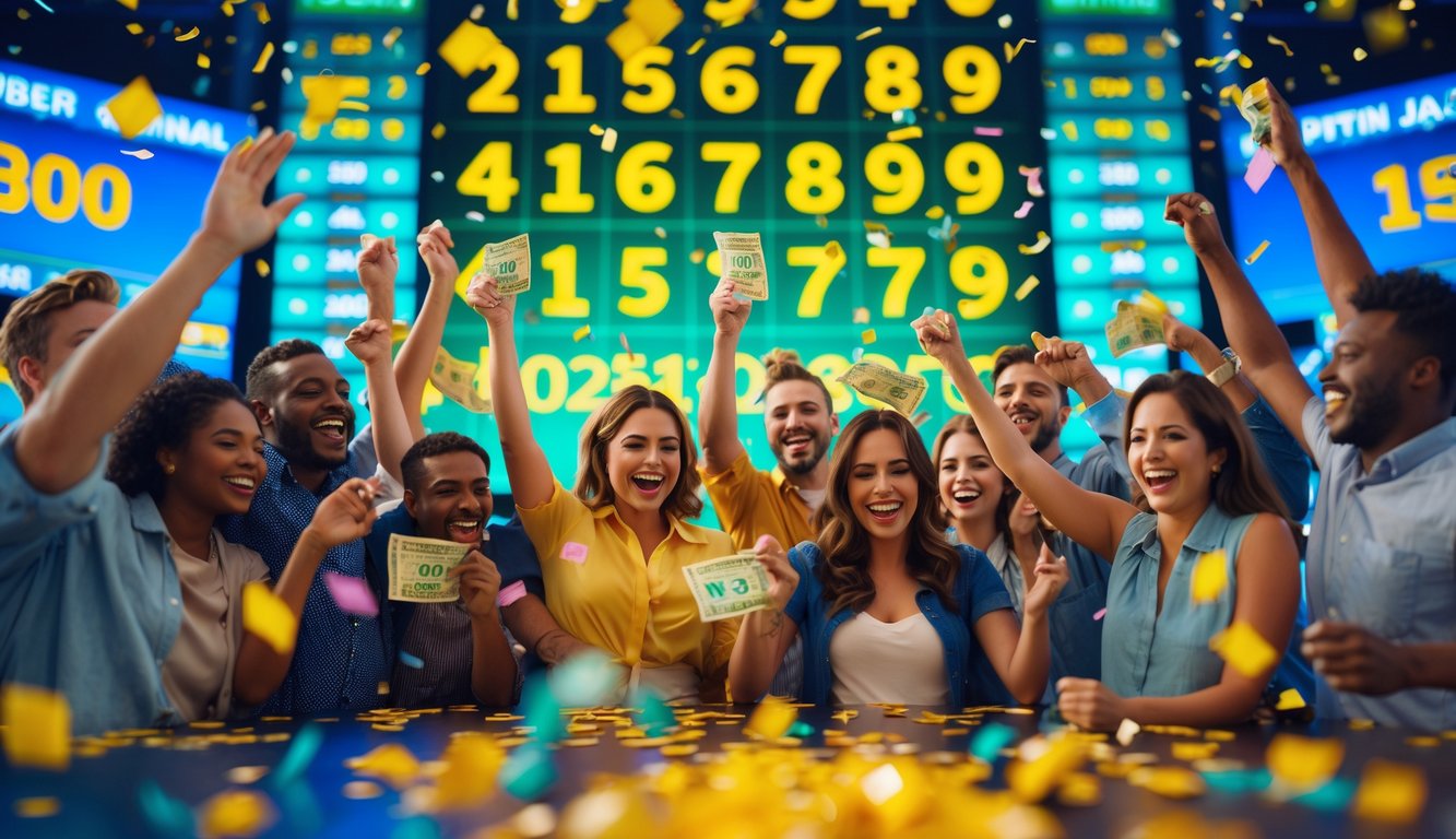 Sekelompok orang merayakan kemenangan jackpot lotre dengan tiket dan konfeti di sekitar mereka.