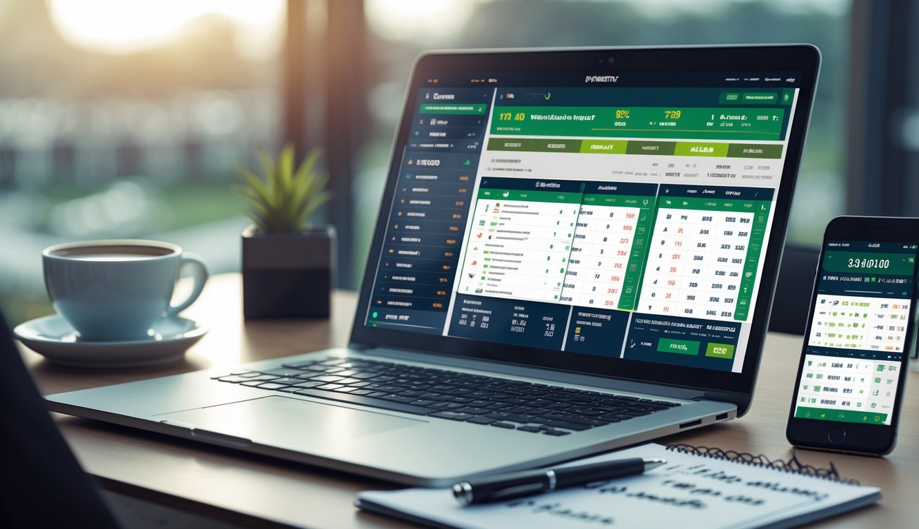 Seseorang menggunakan laptop dan ponsel untuk memasang taruhan pacuan kuda online di meja kerja dengan secangkir kopi dan catatan.