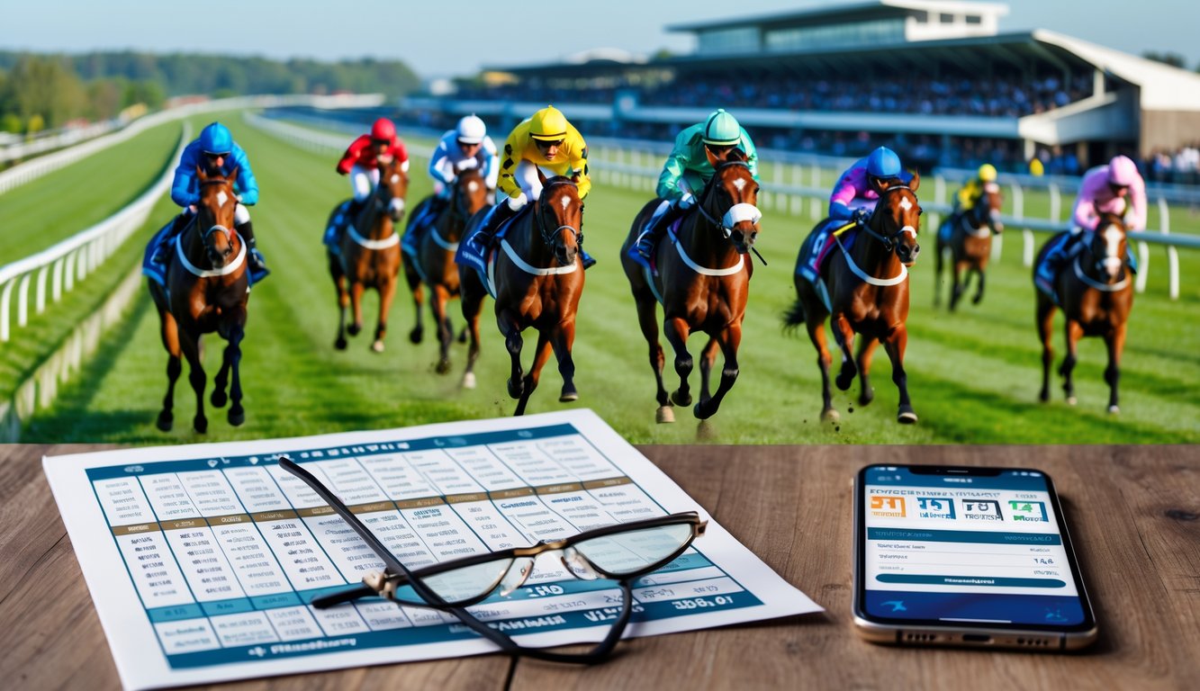 Beberapa kuda pacuan dengan joki yang sedang berlomba di lintasan balap dengan tribun penonton di latar belakang dan tiket taruhan di meja dekat kacamata dan ponsel.