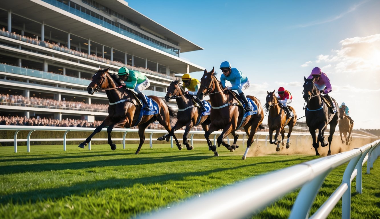 Lomba pacuan kuda dengan beberapa kuda dan joki berlari di lintasan dengan penonton di tribun.