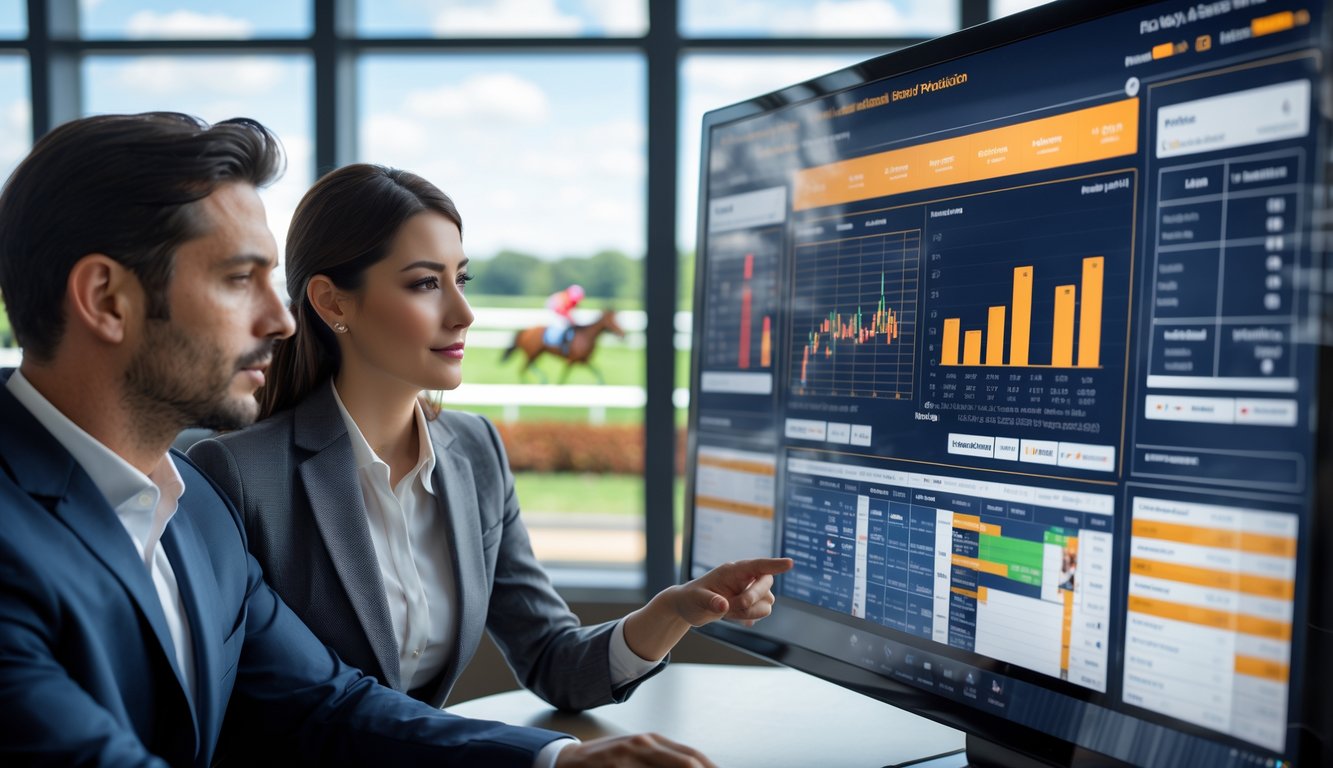 Dua orang sedang menganalisis data pacuan kuda di depan layar digital besar dengan latar belakang lintasan pacuan kuda dan kuda yang sedang berlari.