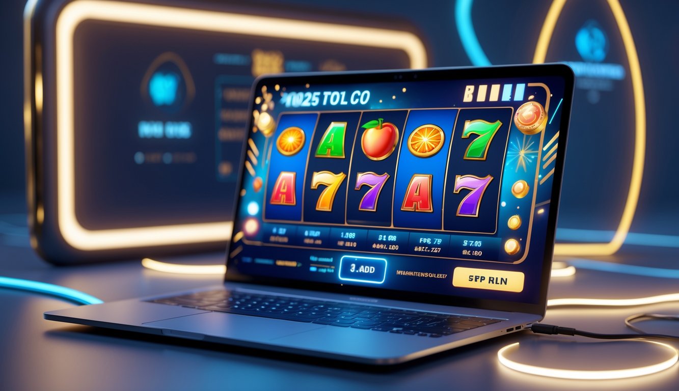 Sebuah layar komputer menampilkan permainan mesin slot berwarna-warni dengan simbol buah dan permata, dikelilingi cahaya neon dan latar belakang minimalis.