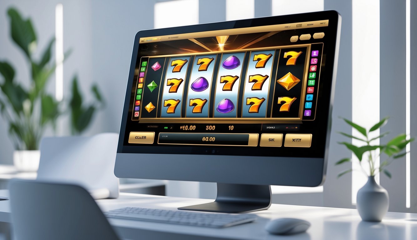 Layar komputer menampilkan permainan slot online dengan grafik warna-warni yang jelas dan putaran yang halus di sebuah meja kerja modern.