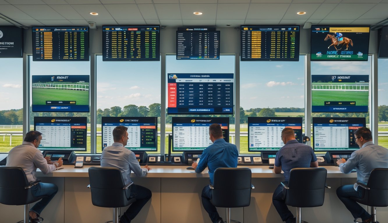 Suasana di dalam agen taruhan pacuan kuda dengan orang-orang yang sedang memasang taruhan dan layar menampilkan informasi perlombaan kuda.