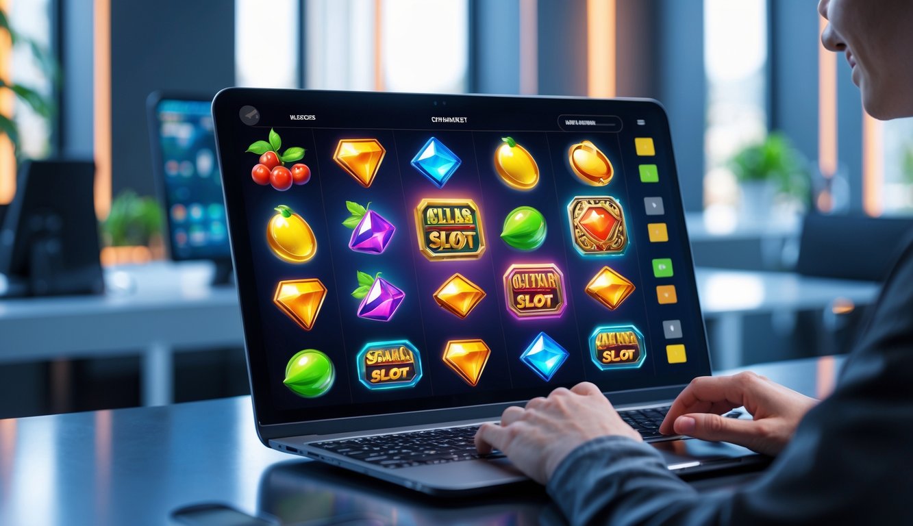 Seseorang menggunakan komputer dengan layar menampilkan permainan slot online berwarna-warni di ruangan modern yang terang.