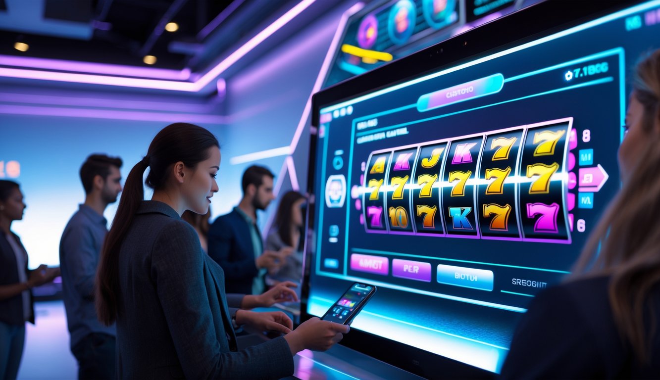 Orang-orang bermain permainan slot online modern dengan perangkat layar sentuh di lingkungan gaming yang nyaman dan cerah.