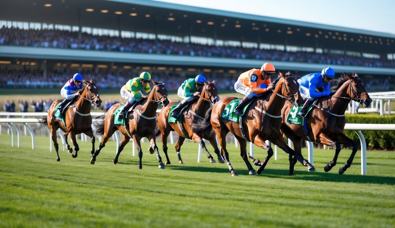 Beberapa kuda pacu dengan joki sedang berlari kencang di lintasan pacuan dengan penonton ramai di latar belakang.