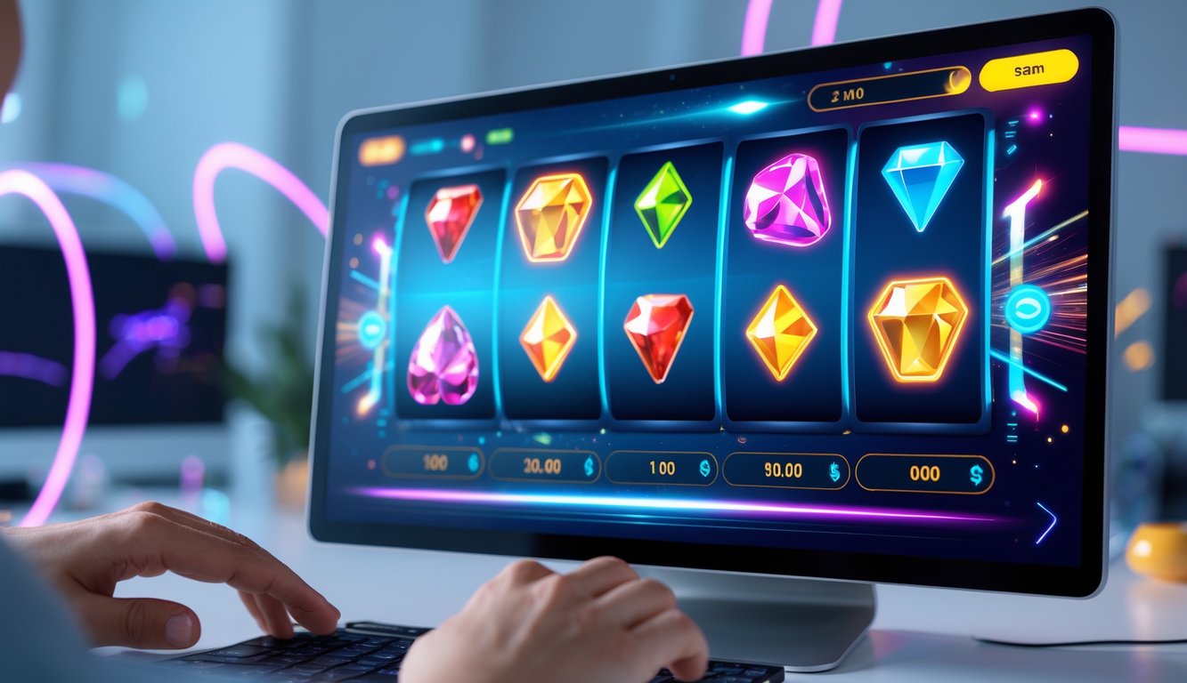 Seseorang menggunakan perangkat digital dengan tampilan permainan slot online yang berwarna-warni dan menarik.