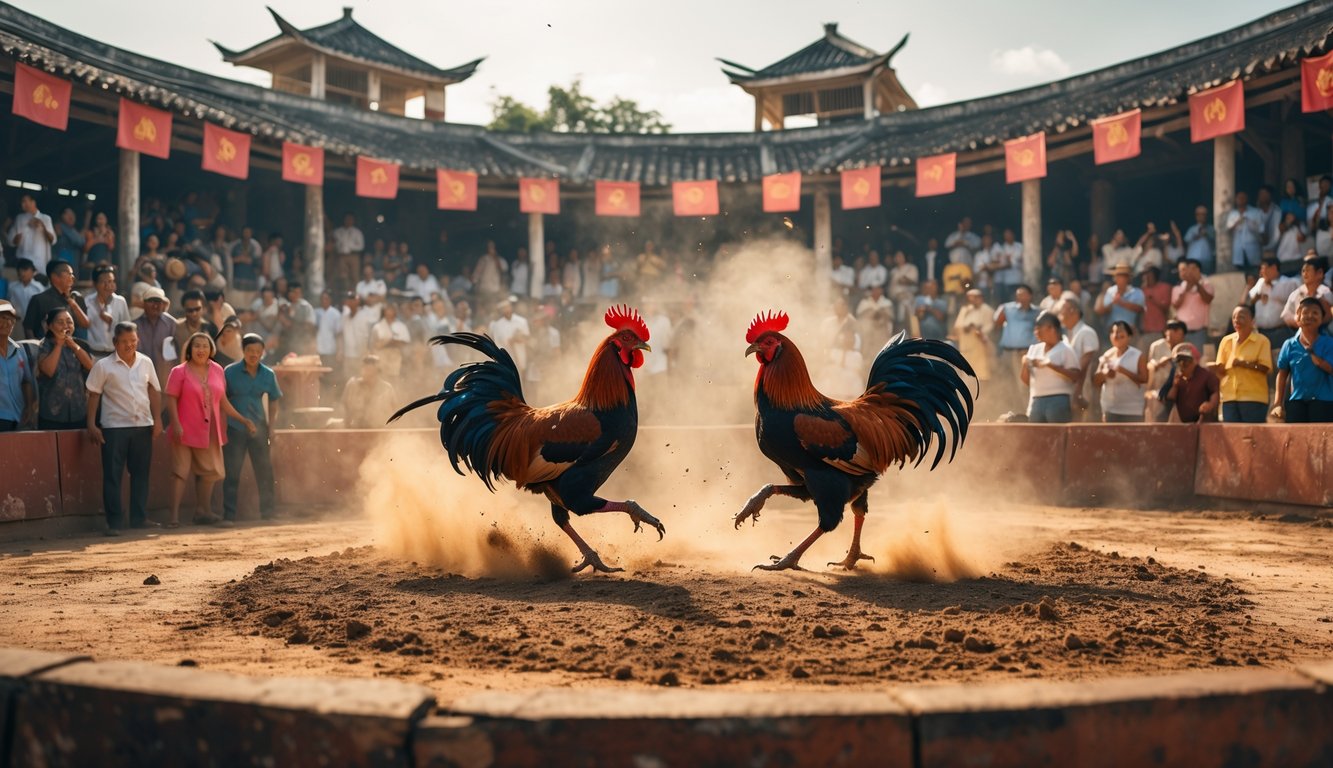 Dua ayam aduan sedang bertarung di arena dengan penonton ramai di sekelilingnya.
