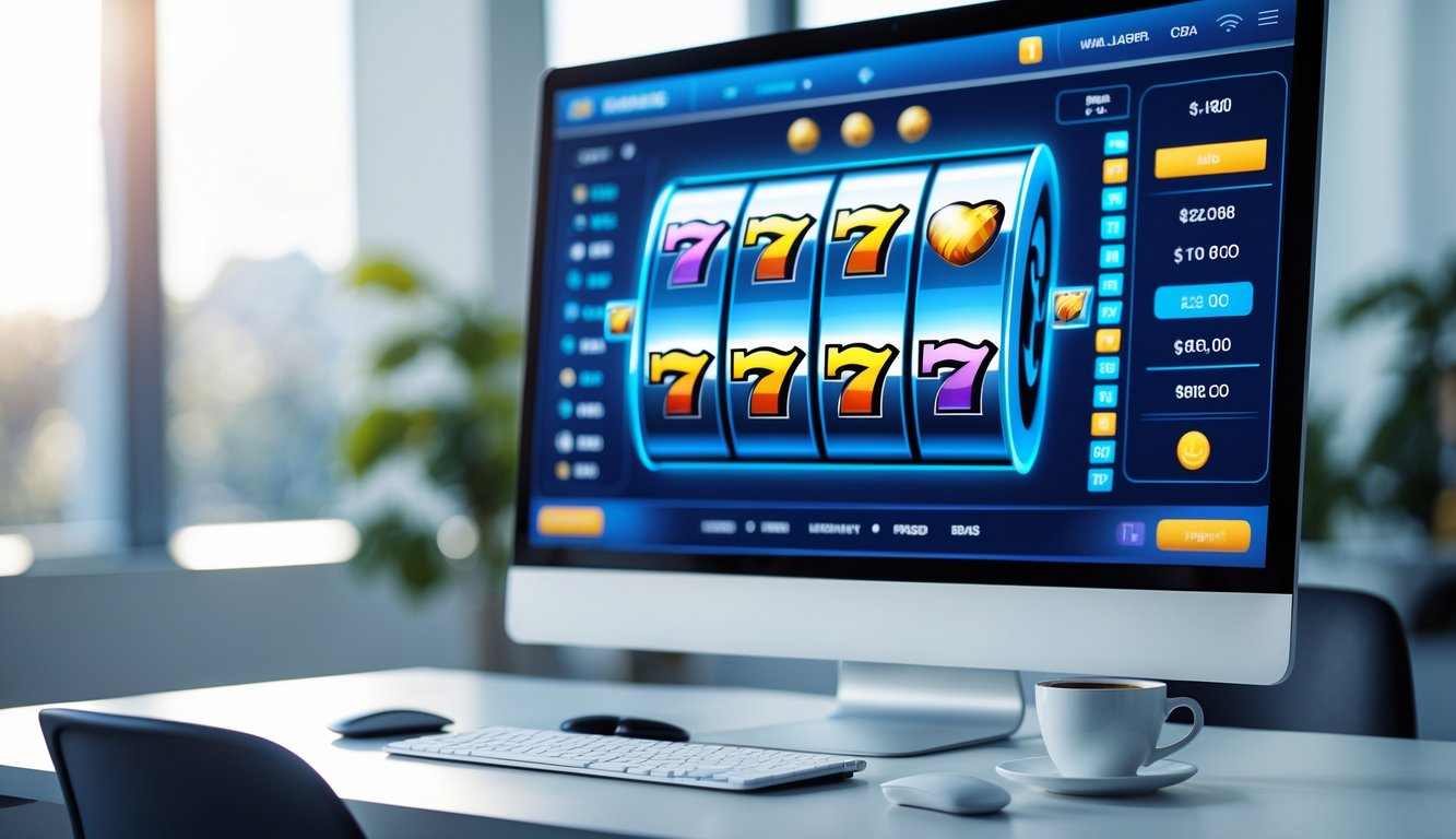 Layar komputer menampilkan permainan slot online dengan gulungan berwarna-warni yang sedang berputar di meja kerja modern.