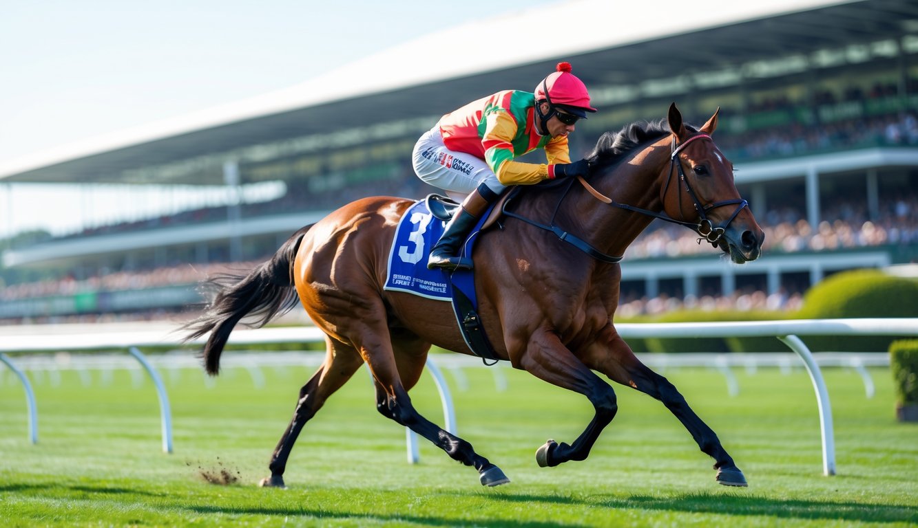 Seekor kuda pacu dengan joki sedang berlari cepat di lintasan pacuan kuda yang ramai.