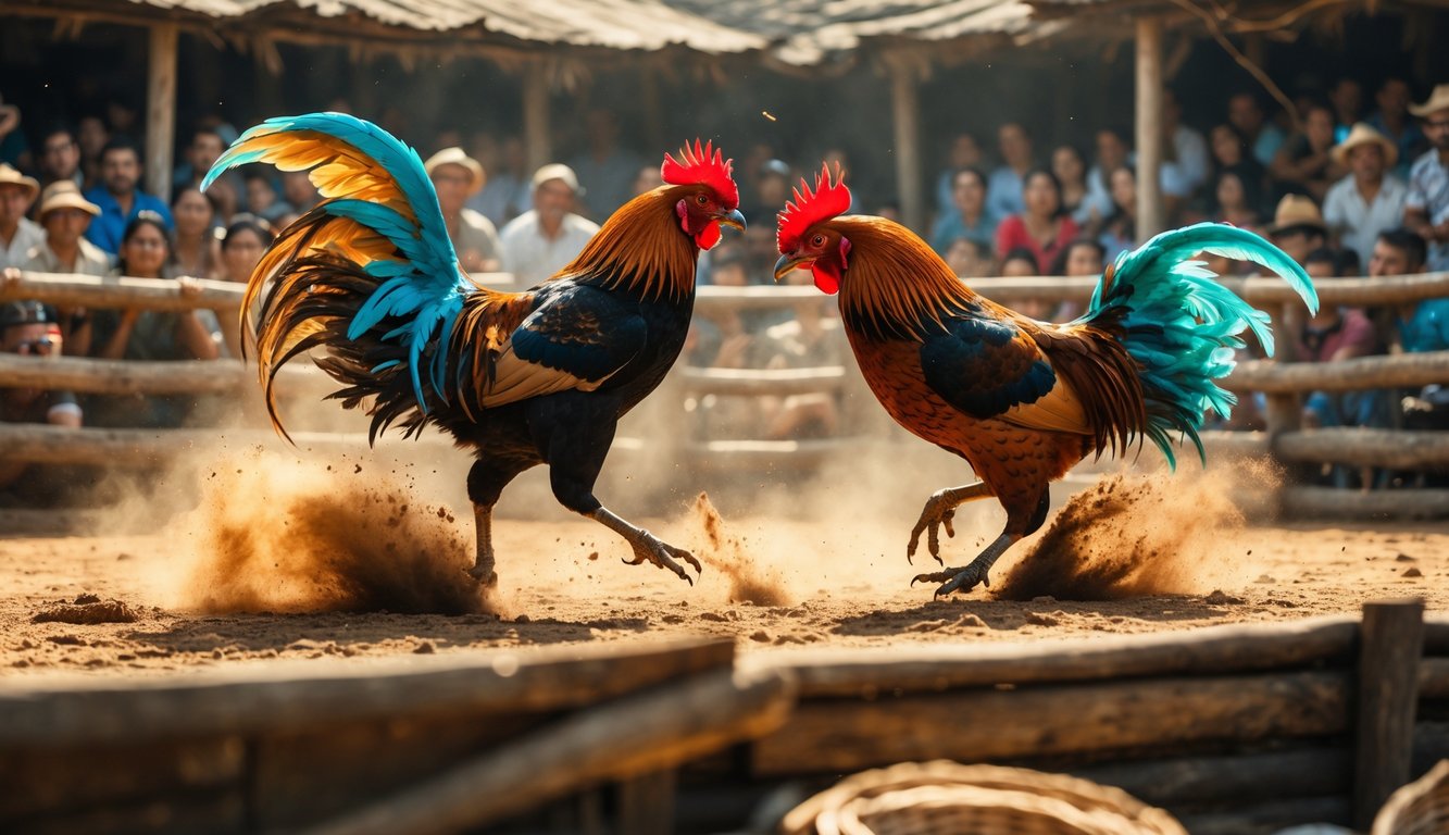 Dua ayam jago sedang bertarung di arena dengan penonton yang antusias menyaksikan pertandingan.