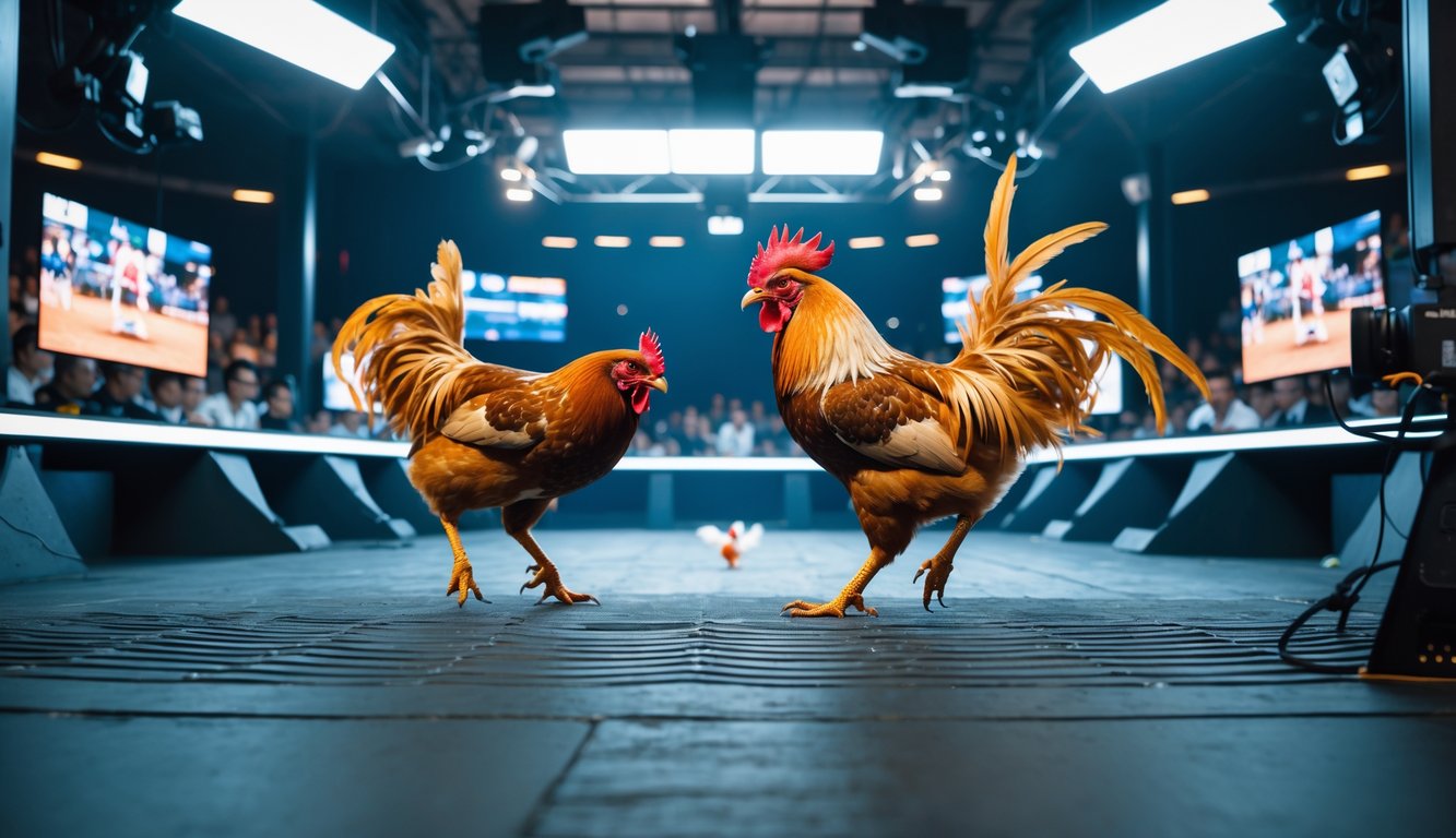 Dua ayam jago sedang bertarung di arena dengan penonton menonton melalui layar digital dan kamera modern.