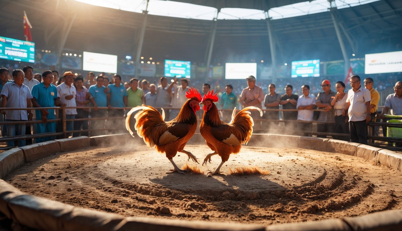Arena sabung ayam dengan dua ayam bertarung di tengah, dikelilingi oleh penonton yang antusias di luar ruangan.