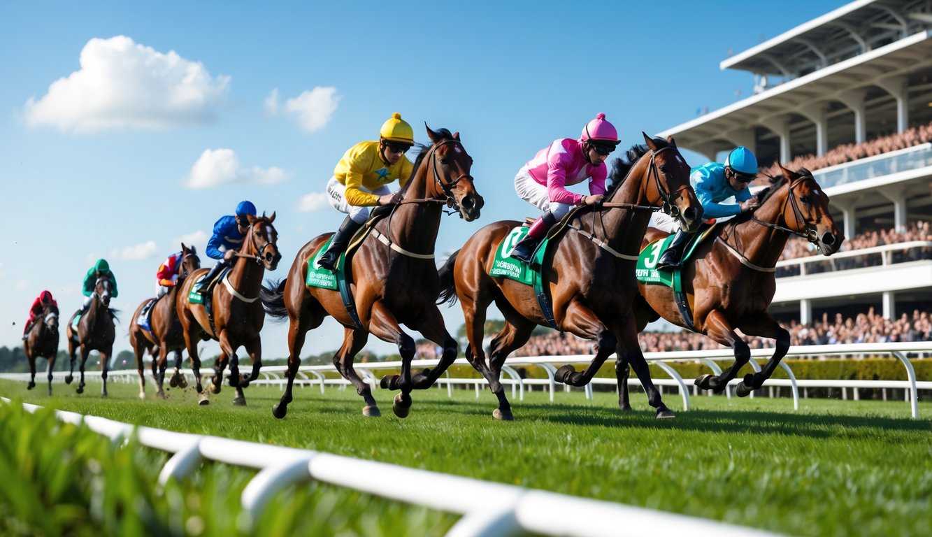 Sekelompok kuda pacuan dengan joki sedang berlari cepat di lintasan pacu dengan penonton di latar belakang.