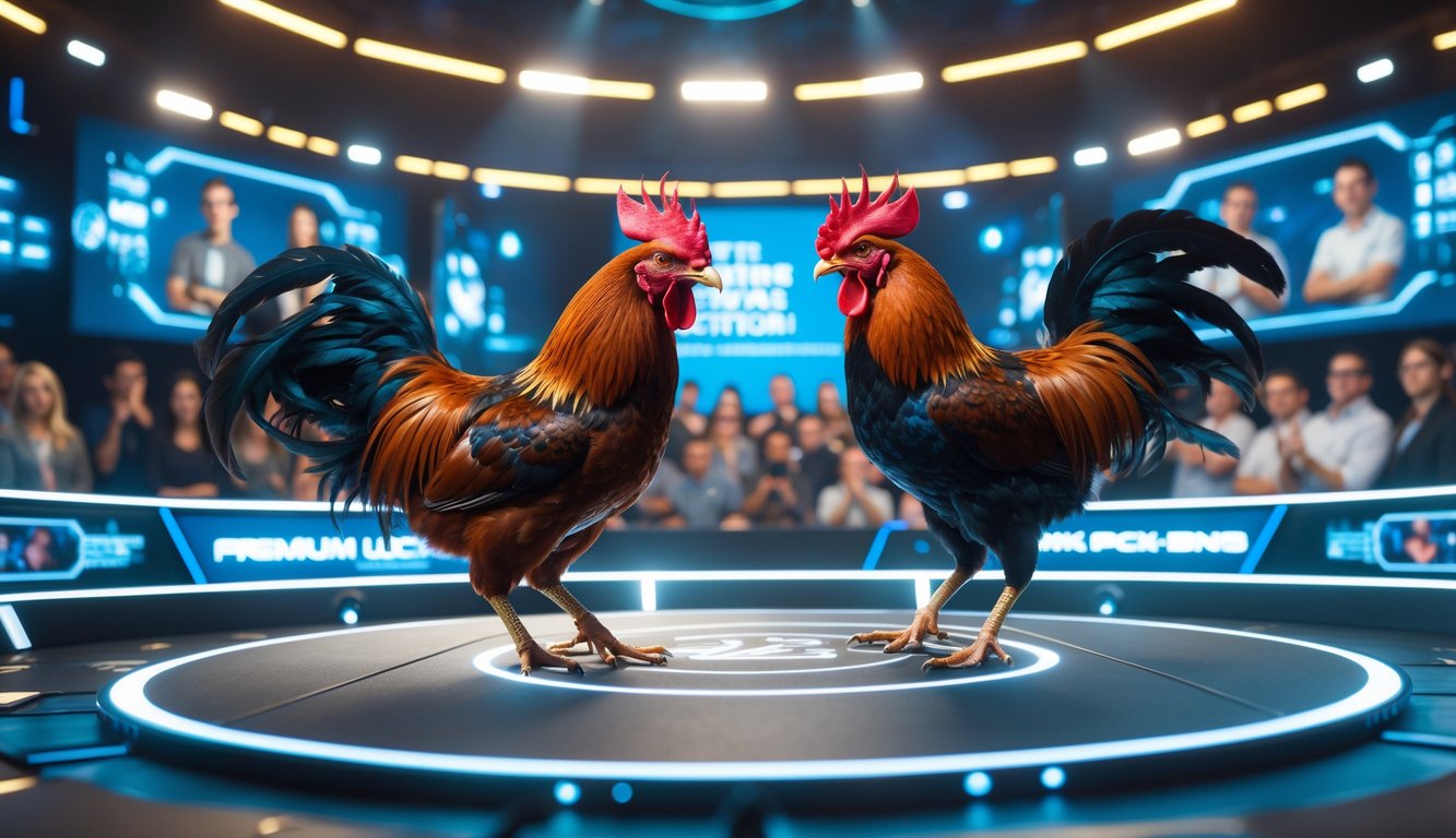 Dua ayam jantan sedang bertarung di arena digital interaktif dengan penonton menonton di layar besar.