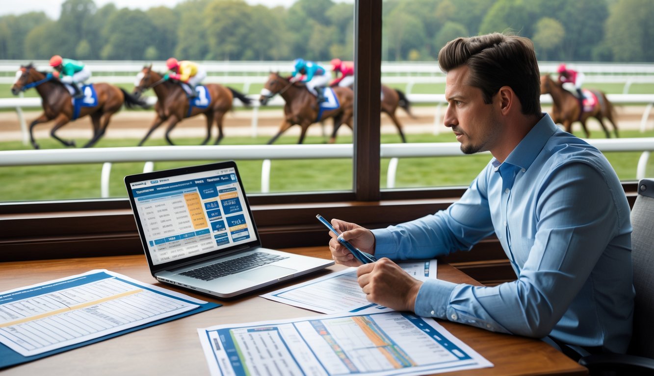 Seorang pria duduk di meja dengan formulir dan laptop, menganalisis data pacuan kuda, dengan latar belakang lintasan pacuan kuda dan kuda yang sedang berlomba.