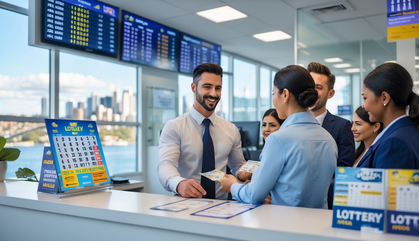 Seorang agen lotre profesional sedang membantu pelanggan di kantor lotre yang rapi dengan layar digital menampilkan angka lotre dan pemandangan kota Sydney di latar belakang.