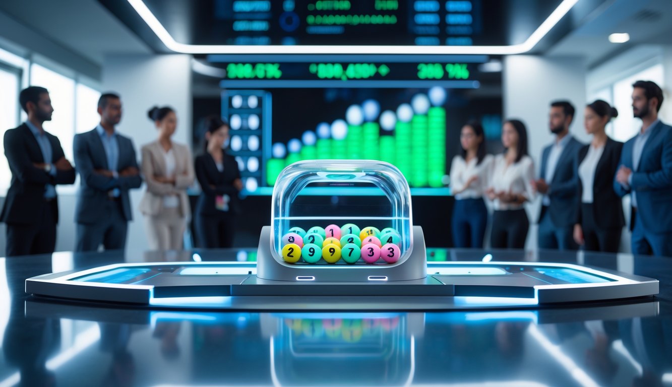 Sebuah mesin undian lotre modern dengan bola bernomor berwarna-warni di dalamnya, dikelilingi oleh beberapa orang yang mengamati proses undian di sebuah studio yang terang dan bersih.