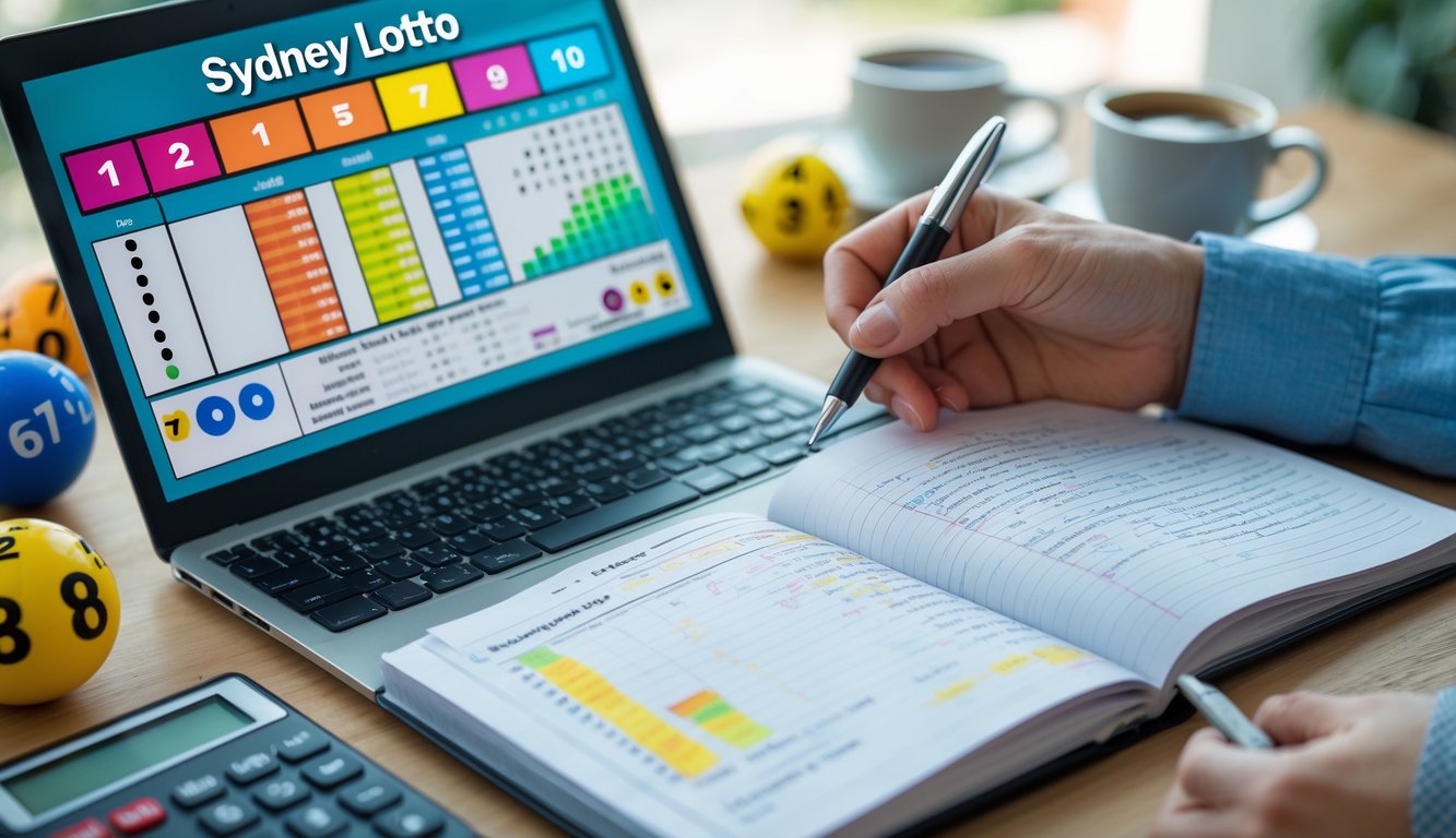 Meja kerja dengan laptop menampilkan grafik prediksi lotere, tangan memegang pena di atas buku catatan, bola lotere dan kalkulator di sekitarnya.