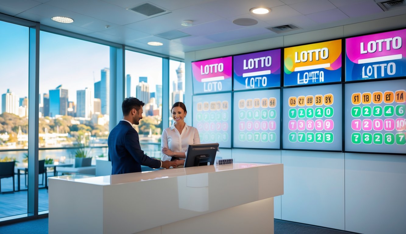 Sebuah kantor agen lotere modern di Sydney dengan staf yang ramah melayani pelanggan di dalam ruangan yang cerah dan bersih.