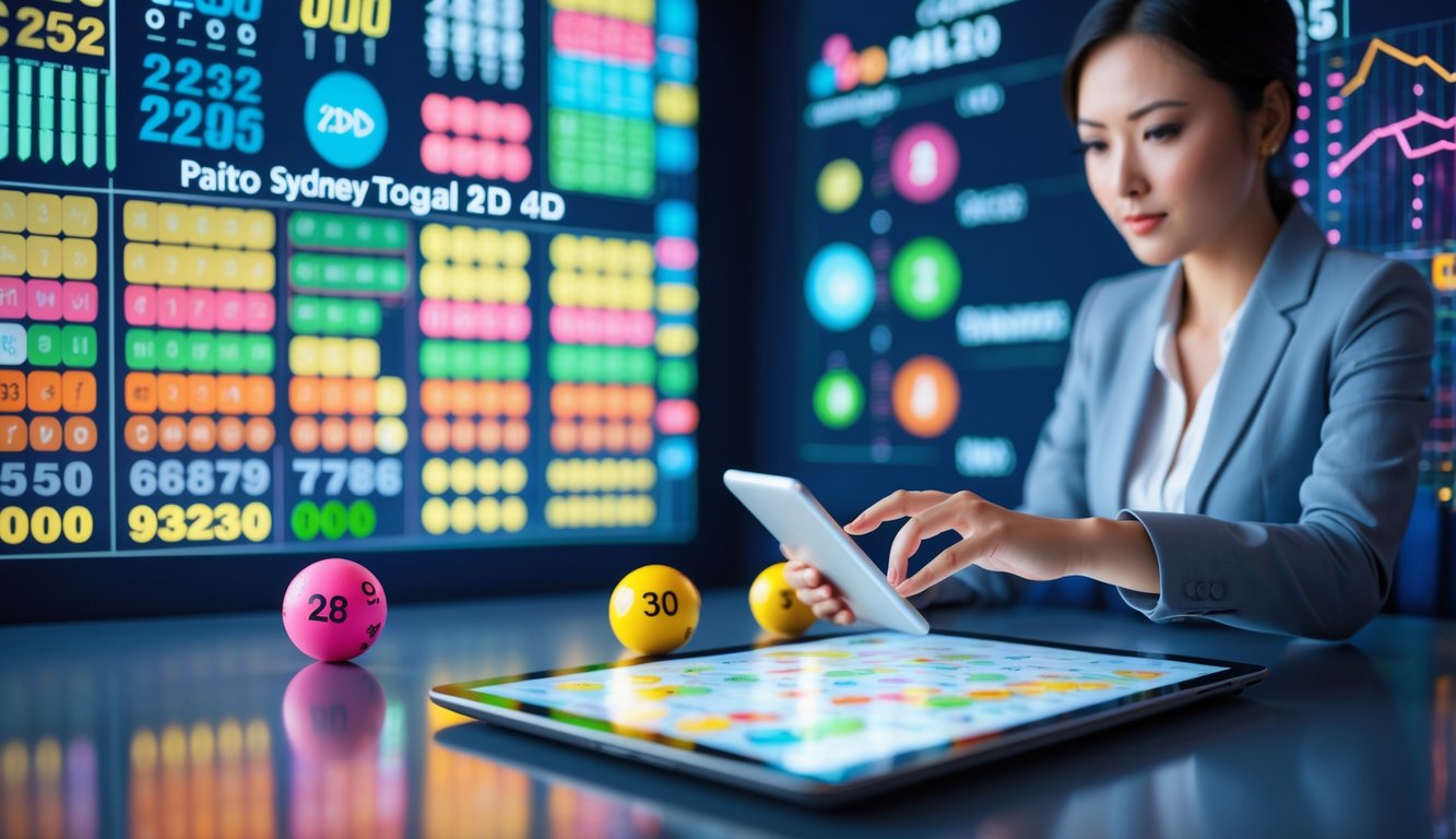 Seorang pria sedang menganalisis data lotere di meja kerja dengan layar digital menampilkan grafik dan angka.