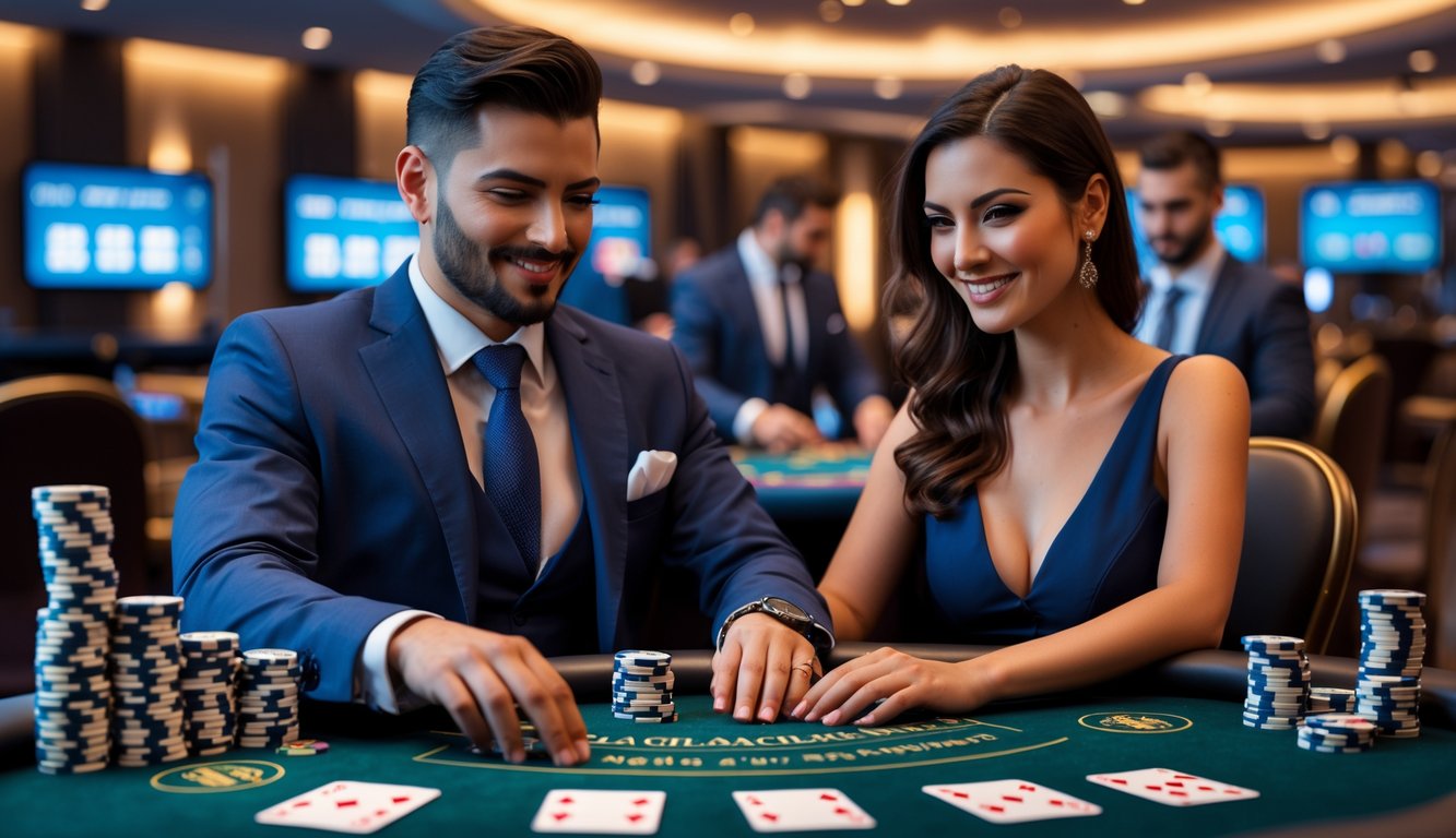 Dua orang bermain blackjack di meja kasino dengan suasana modern dan pencahayaan hangat.