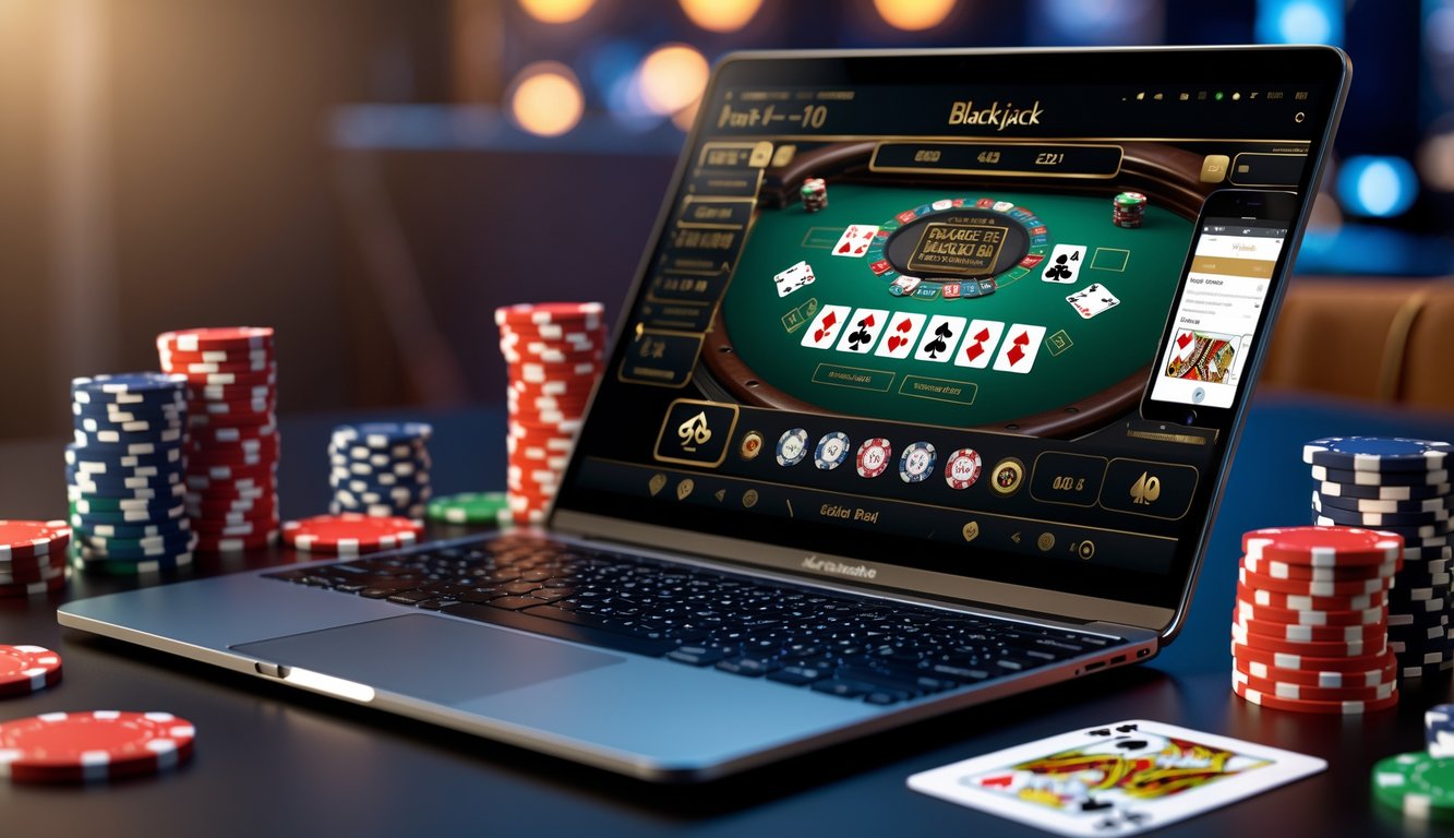 Sebuah laptop modern menampilkan meja blackjack digital dengan kartu dan chip, dikelilingi oleh chip poker dan smartphone di atas meja.