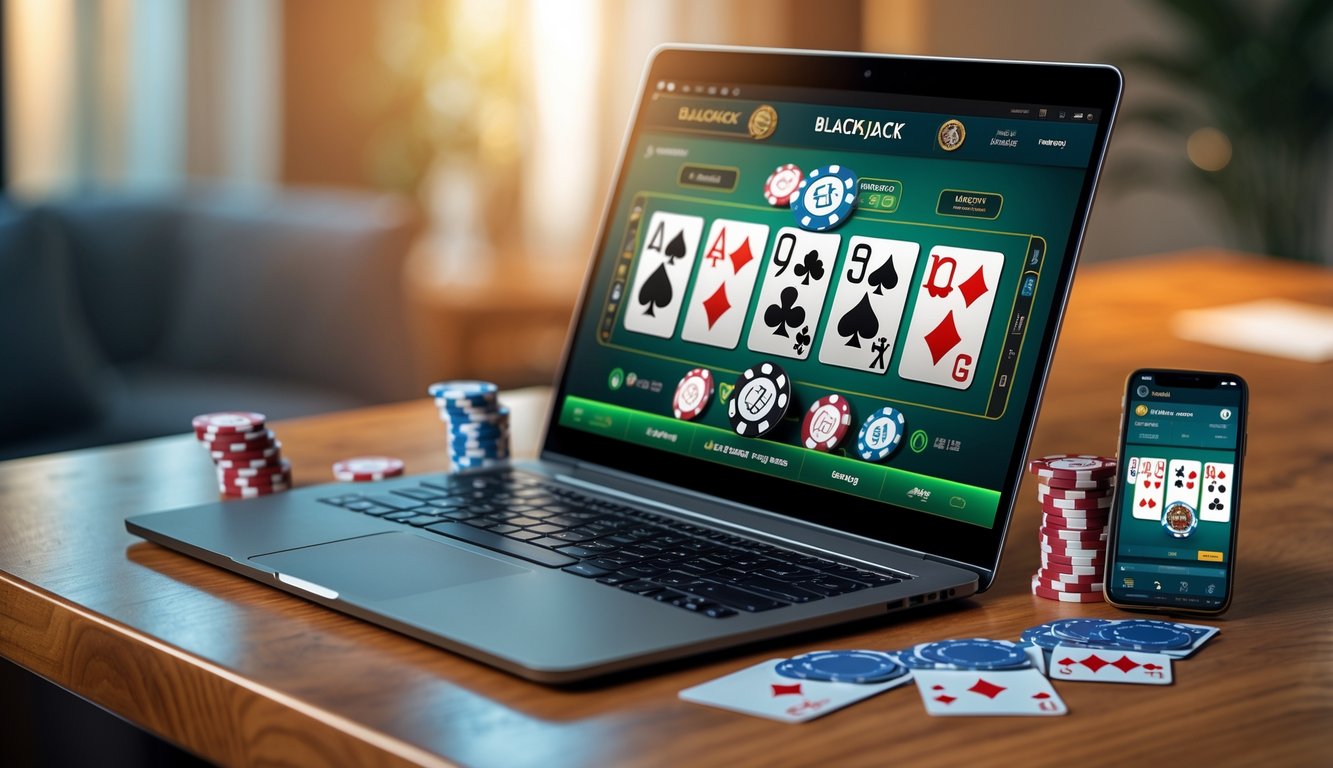 Seorang pemain menggunakan laptop dan smartphone untuk bermain blackjack online dengan kartu dan chip di atas meja kayu.