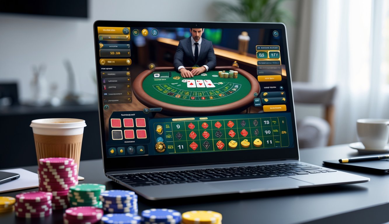 Seorang pemain menggunakan laptop dengan tampilan permainan blackjack online di layar, di meja terdapat tumpukan chip poker dan suasana ruangan yang nyaman.