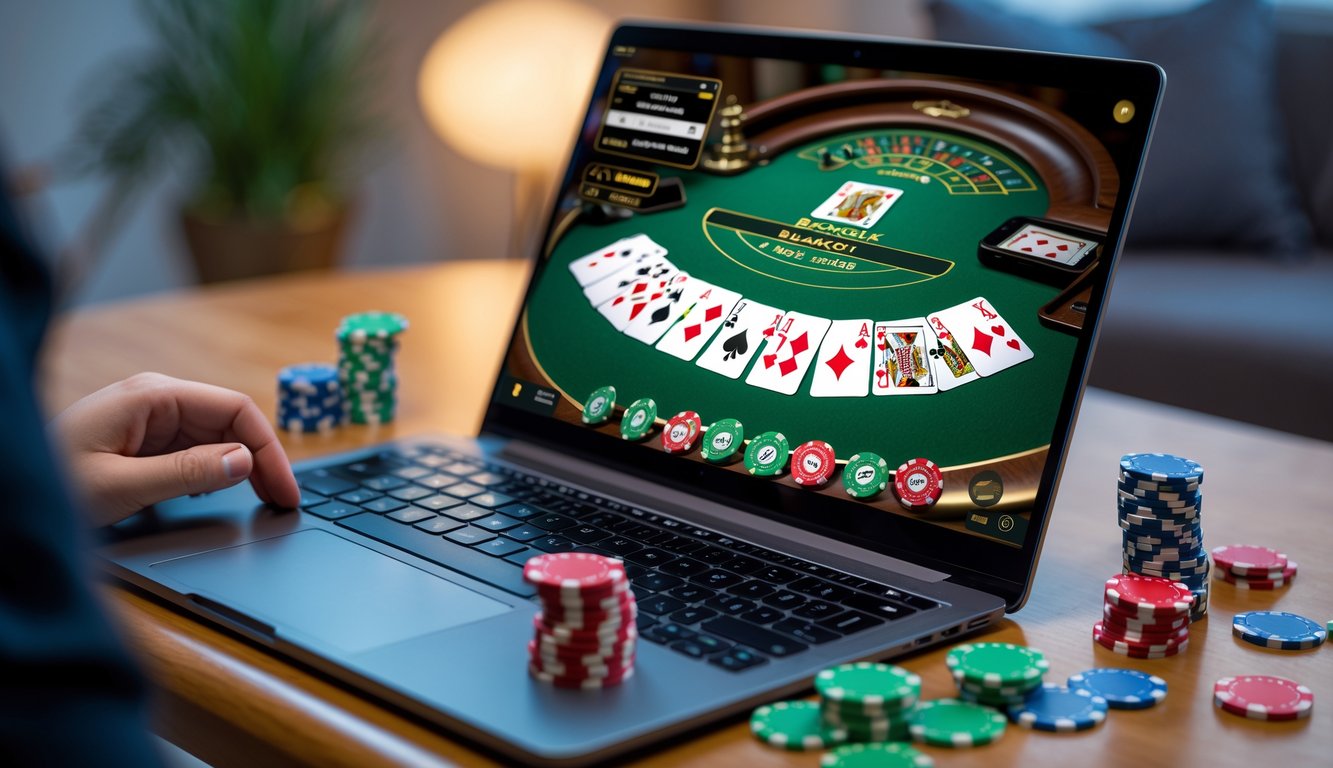 Sebuah laptop menampilkan permainan blackjack online dengan kartu dan chip di atas meja kayu.