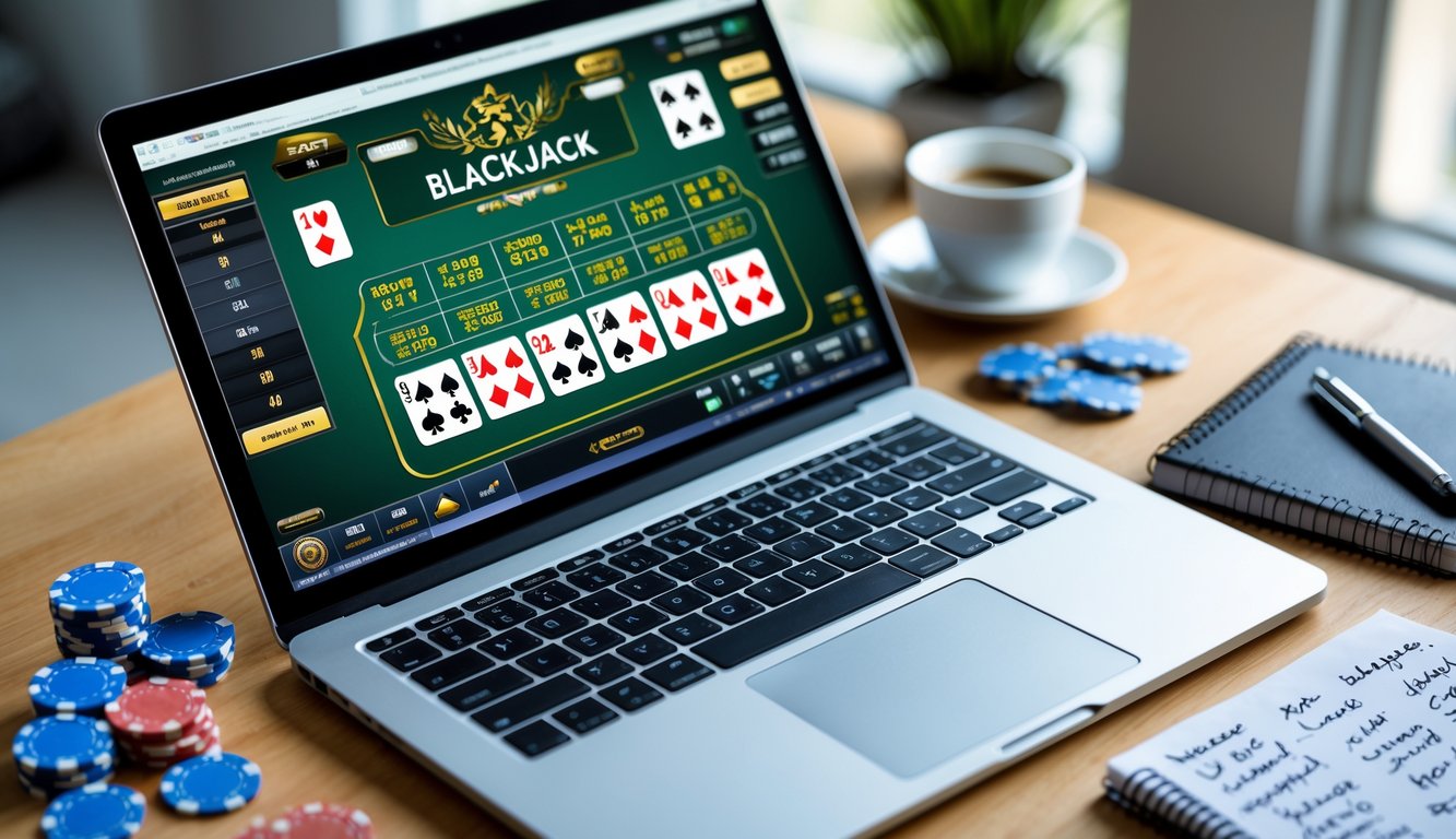 Seorang pemain sedang menggunakan laptop dengan permainan blackjack online, di meja terlihat chip poker dan buku catatan strategi.