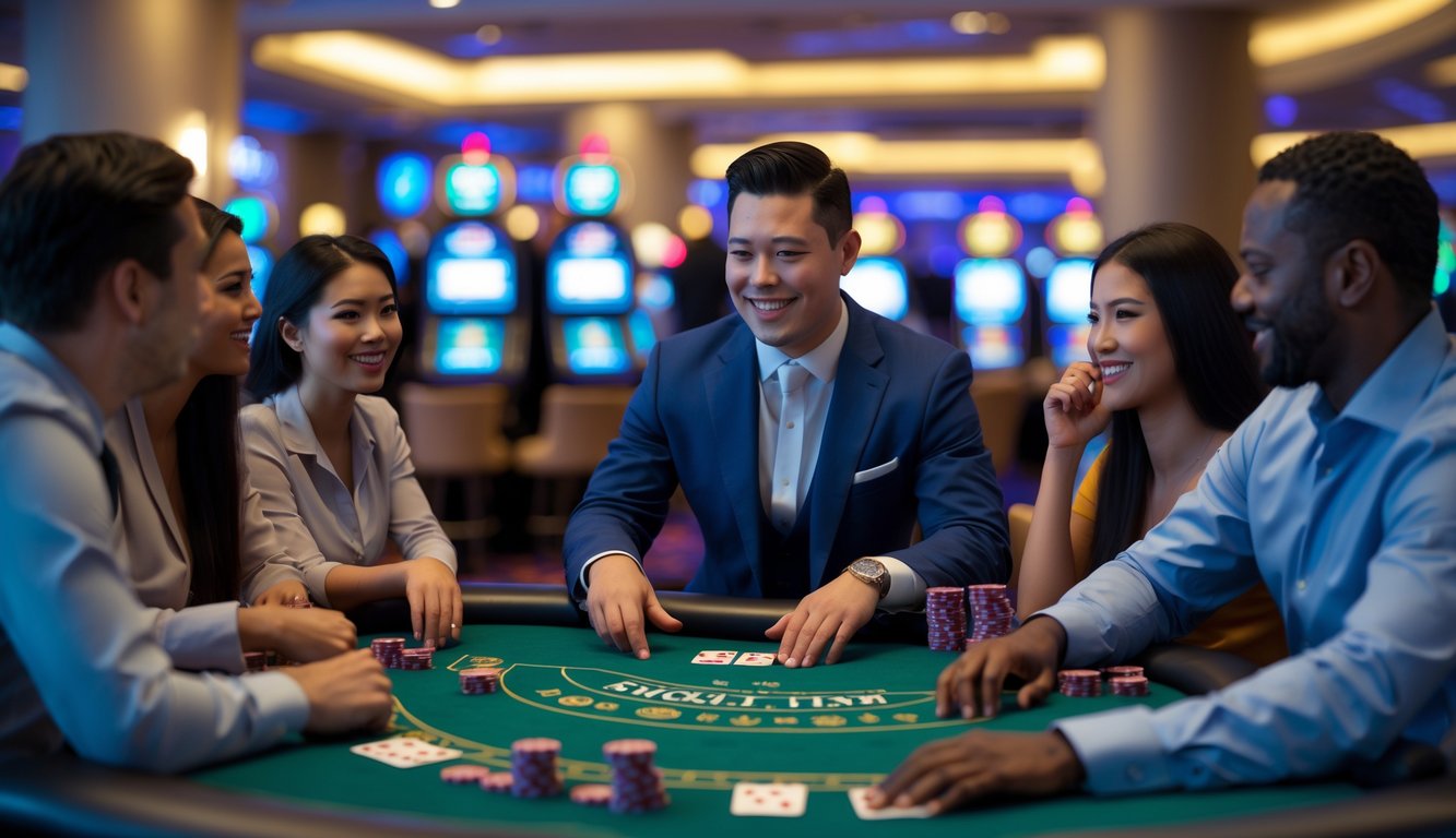 Meja blackjack di kasino dengan dealer dan pemain yang sedang bermain kartu, suasana elegan dan ramai.