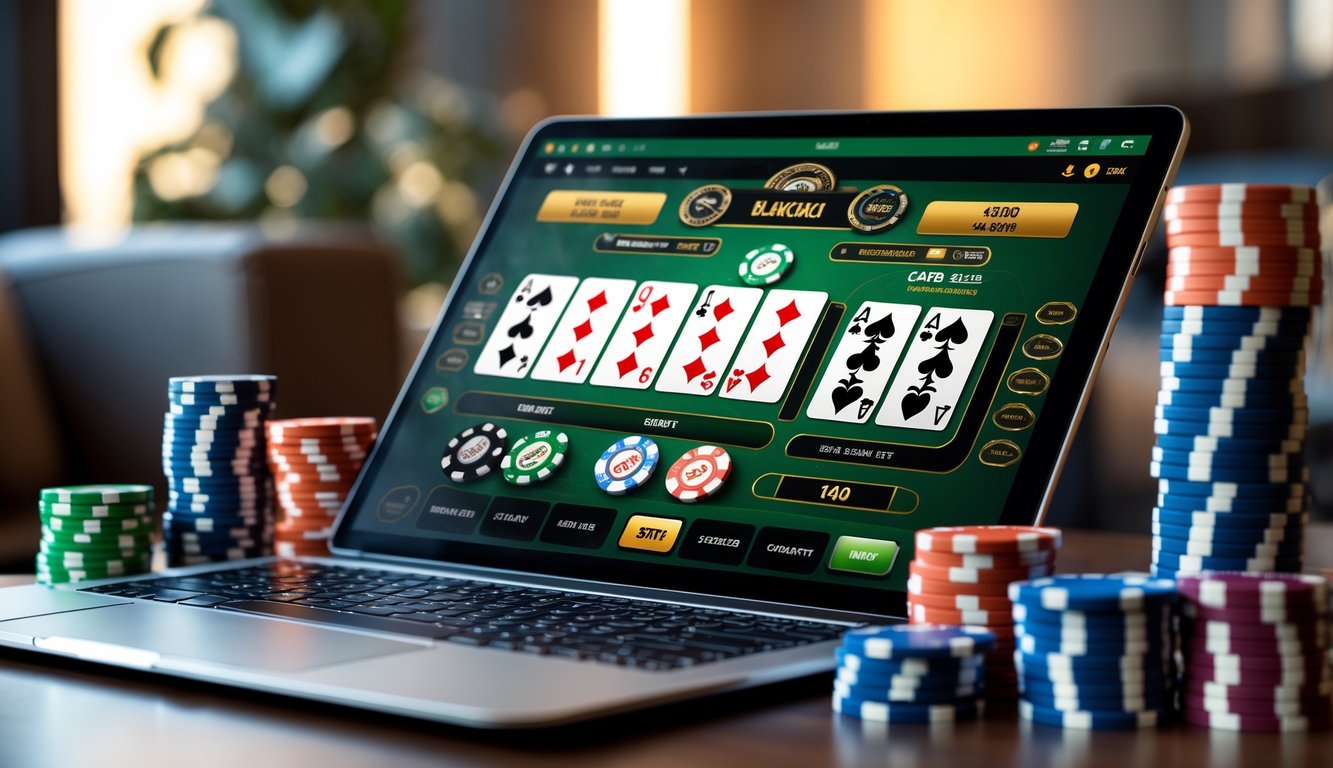 Seseorang bermain blackjack online dengan tumpukan chip poker di dekat laptop di lingkungan rumah yang nyaman.