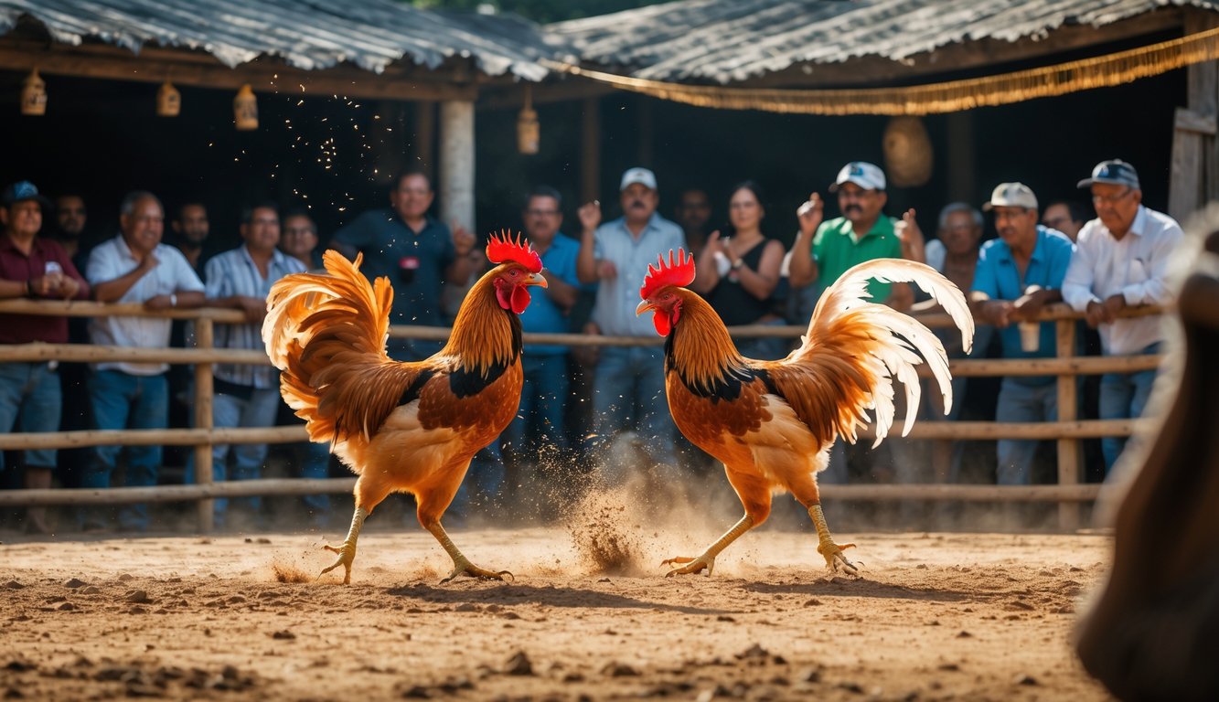 Dua ayam jago sedang bertarung di arena dengan penonton yang memperhatikan di sekitarnya.