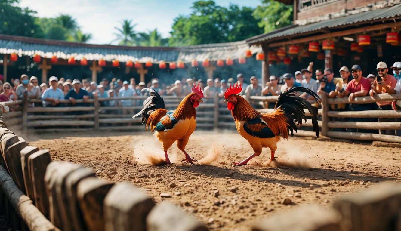Arena sabung ayam dengan dua ekor ayam beradu di tengah kerumunan penonton yang antusias.