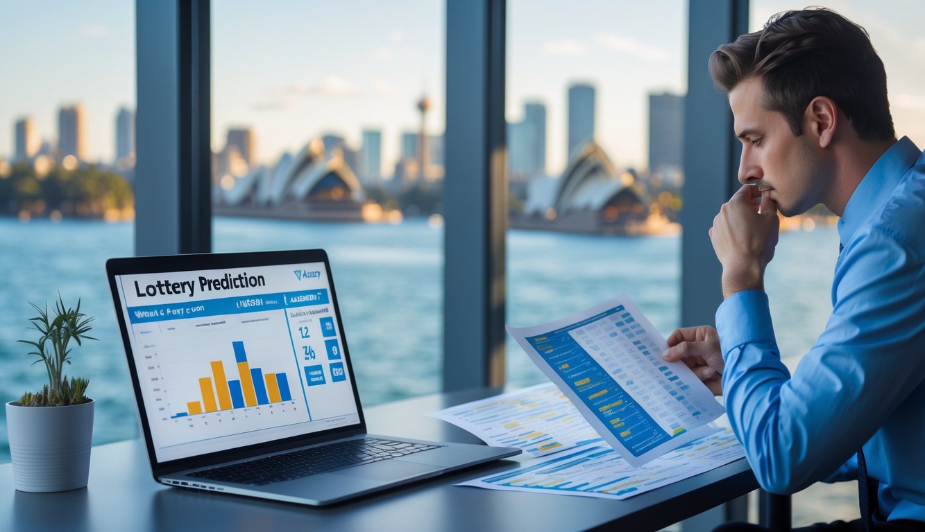 Seorang pria di kantor modern sedang menganalisis data angka di depan laptop dengan pemandangan kota Sydney di latar belakang.