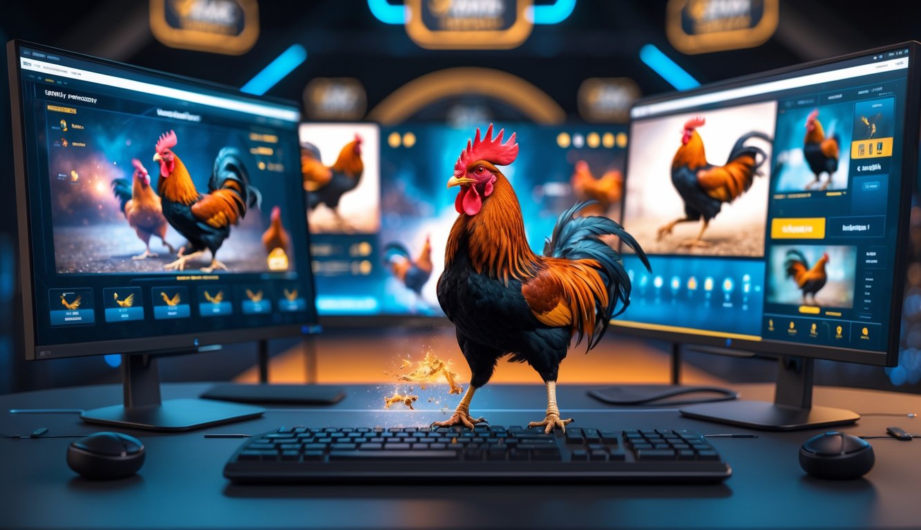 Suasana arena kompetitif Sabung Ayam Resmi online dengan layar menampilkan laga ayam aduan dan perangkat digital di ruang modern.