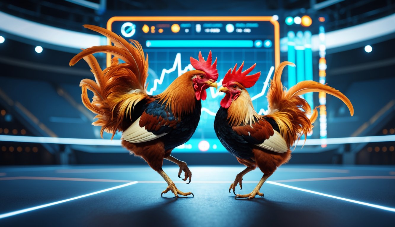 Dua ayam jago bertarung di arena digital dengan latar belakang antarmuka teknologi modern dan data waktu nyata.