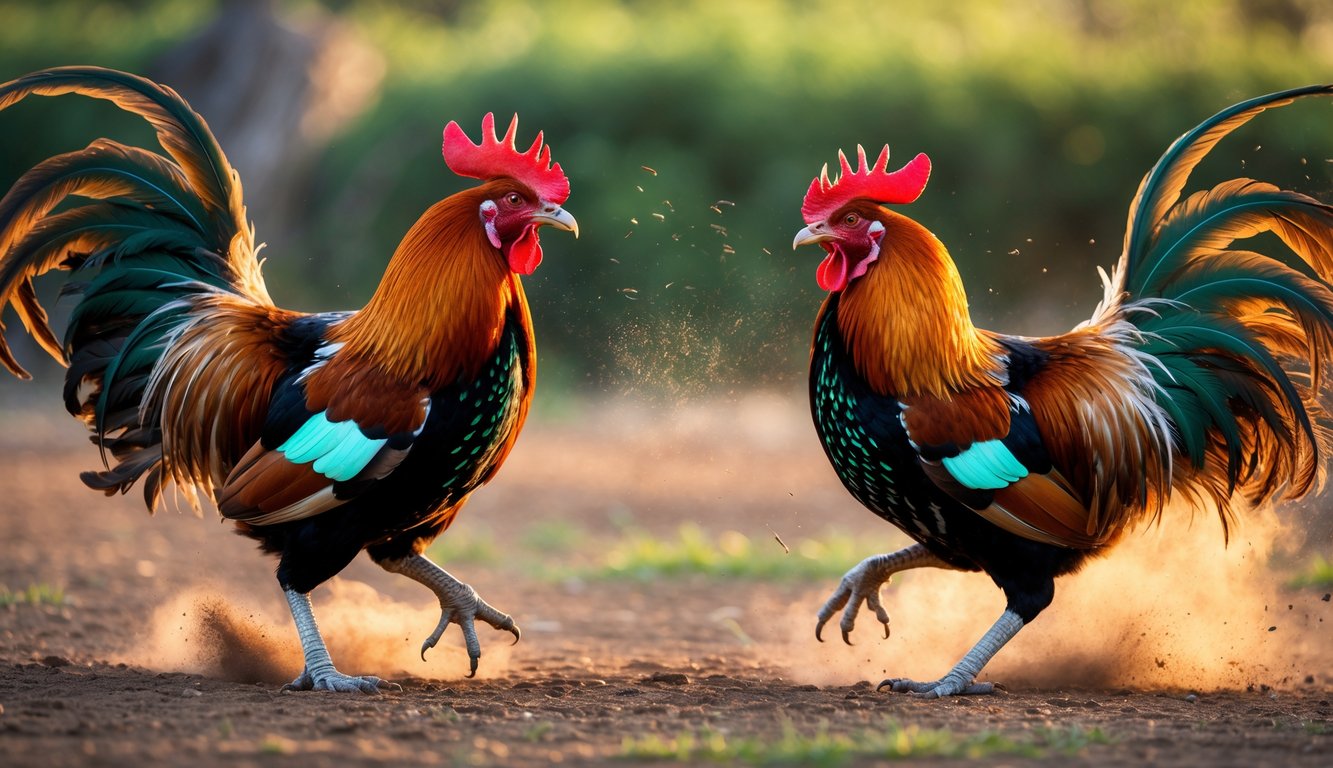 Dua ayam jago sedang bertarung di luar ruangan dengan latar belakang tanaman hijau.