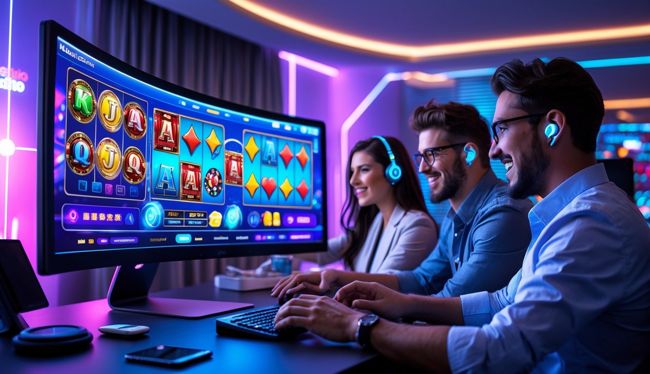 Beberapa orang muda bermain kasino online di depan layar komputer besar di ruangan dengan pencahayaan biru dan ungu.