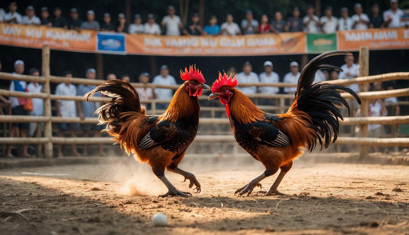 Dua ayam jago sedang bertarung sengit di arena dengan penonton di sekelilingnya yang memperhatikan dengan serius.