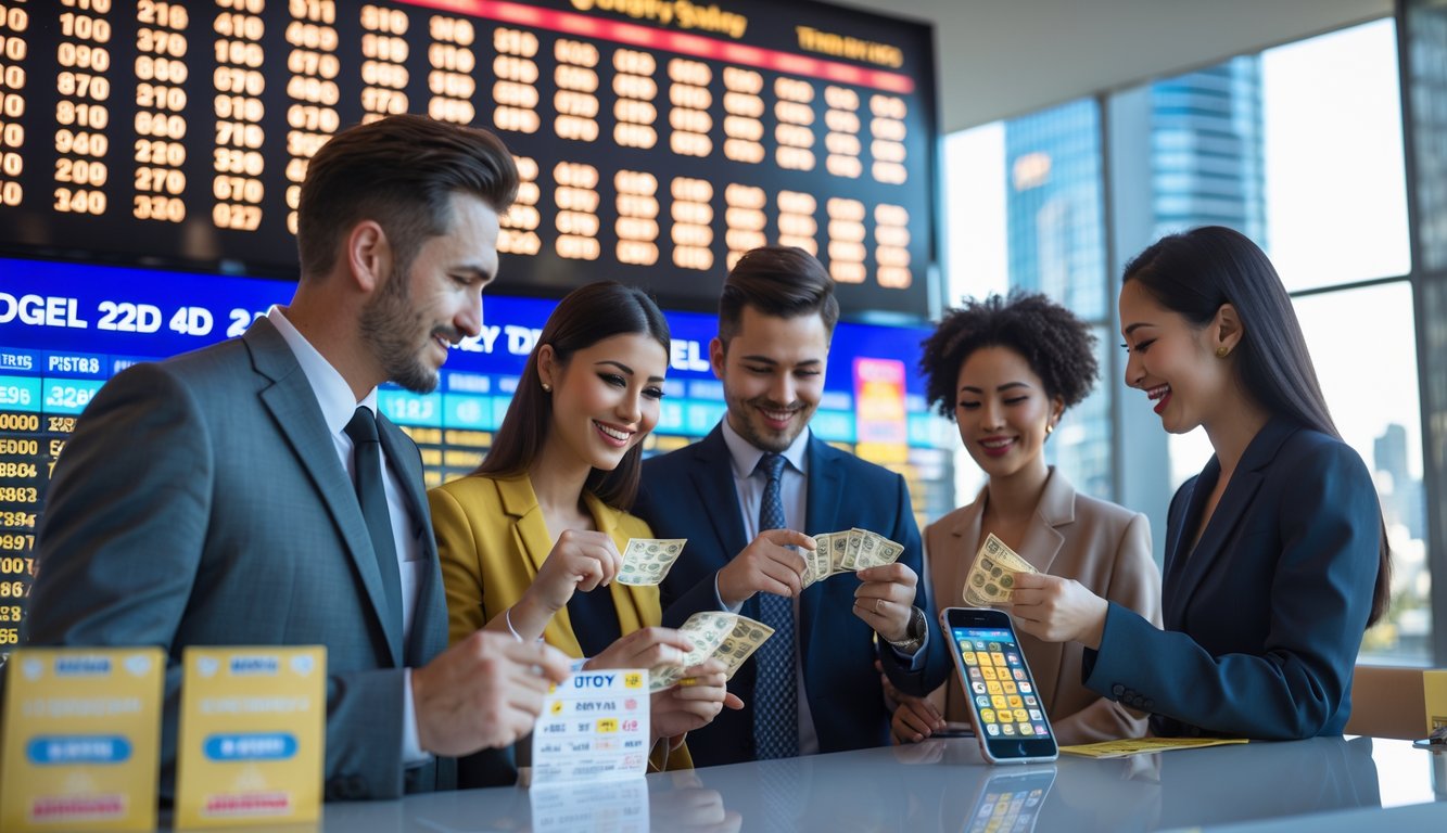 Beberapa orang memeriksa tiket lotere di ruangan dengan tampilan angka dan pemandangan kota Sydney di latar belakang.