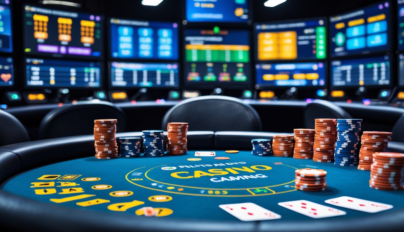 Meja permainan kasino online lengkap dengan chip, kartu, dan layar digital yang menampilkan aksi permainan secara real-time.